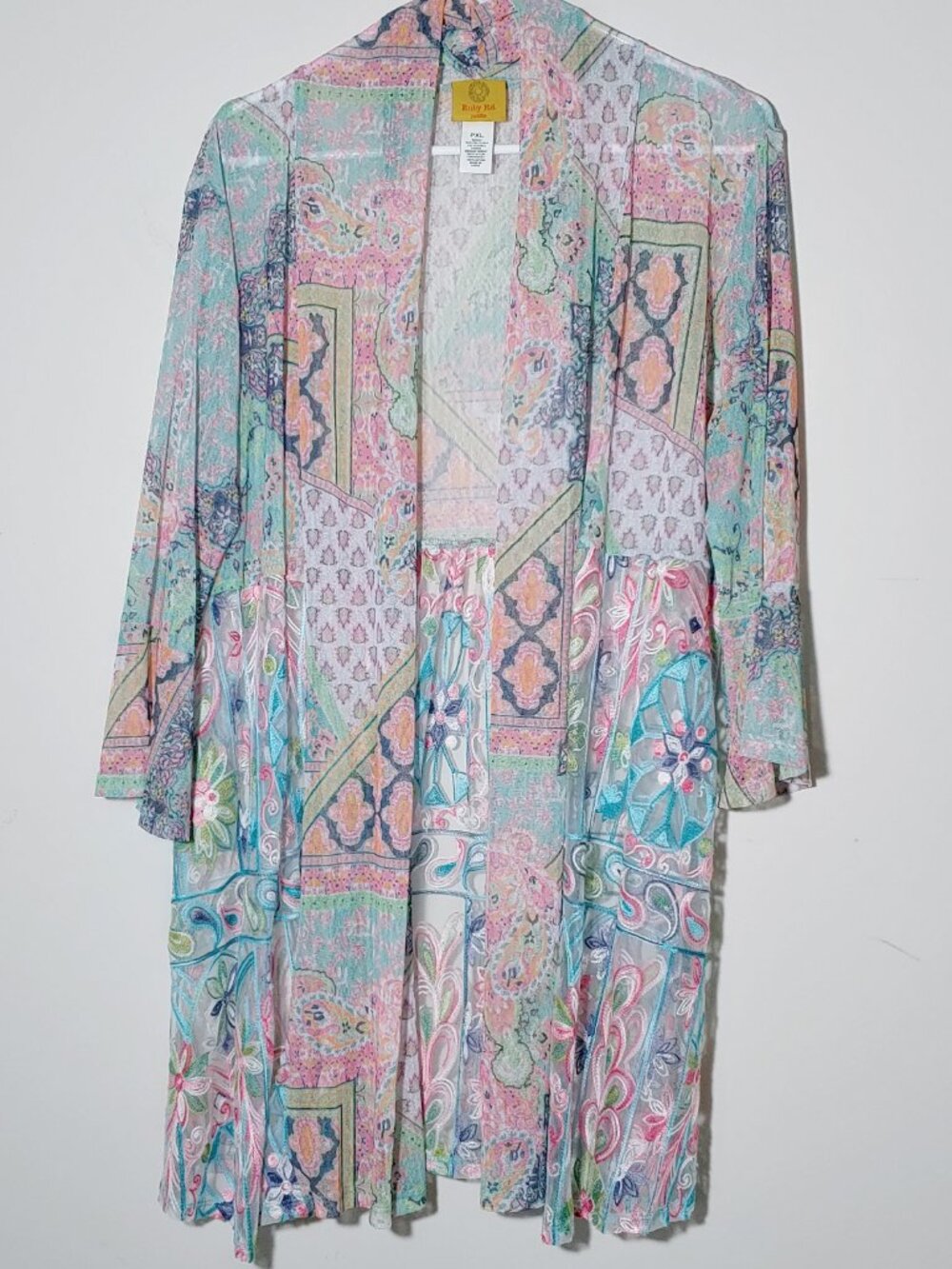Ruby Rd Petite Embroidered Mesh Open Front Cardigan Duster Sz PXL Floral Blue